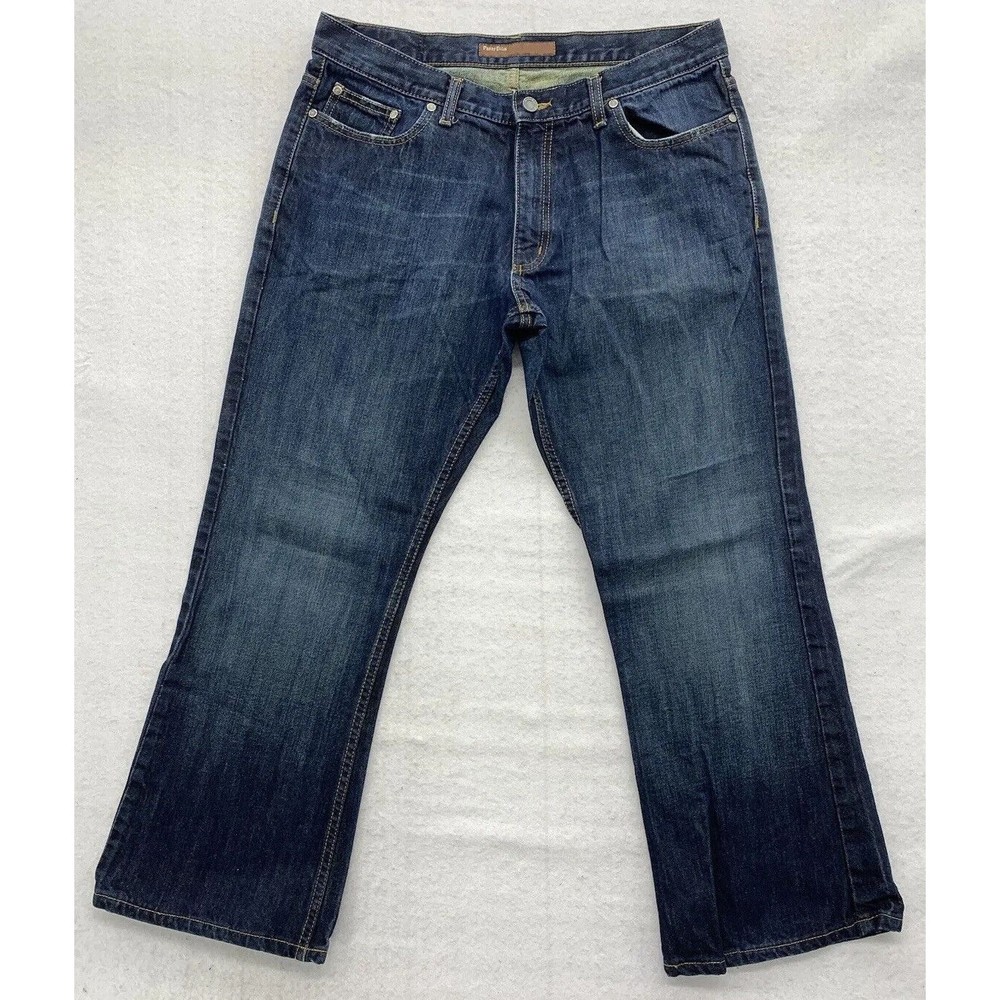 VTG Perry Ellis Denim Jeans Men's Size 34X30 Blue Factory Distressed Bootcut